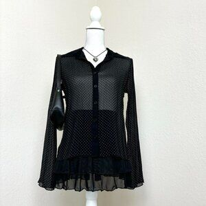 Vintage 2000s sheer black & light pink pleated button up collared top